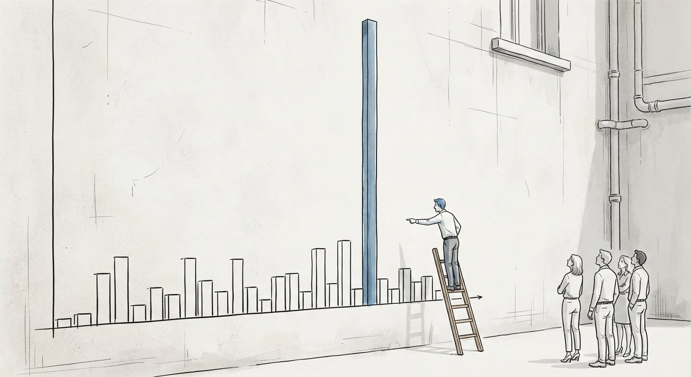 Eine Person auf einer Leiter zeigt auf die kurzen Balken eines schiefen Diagramms