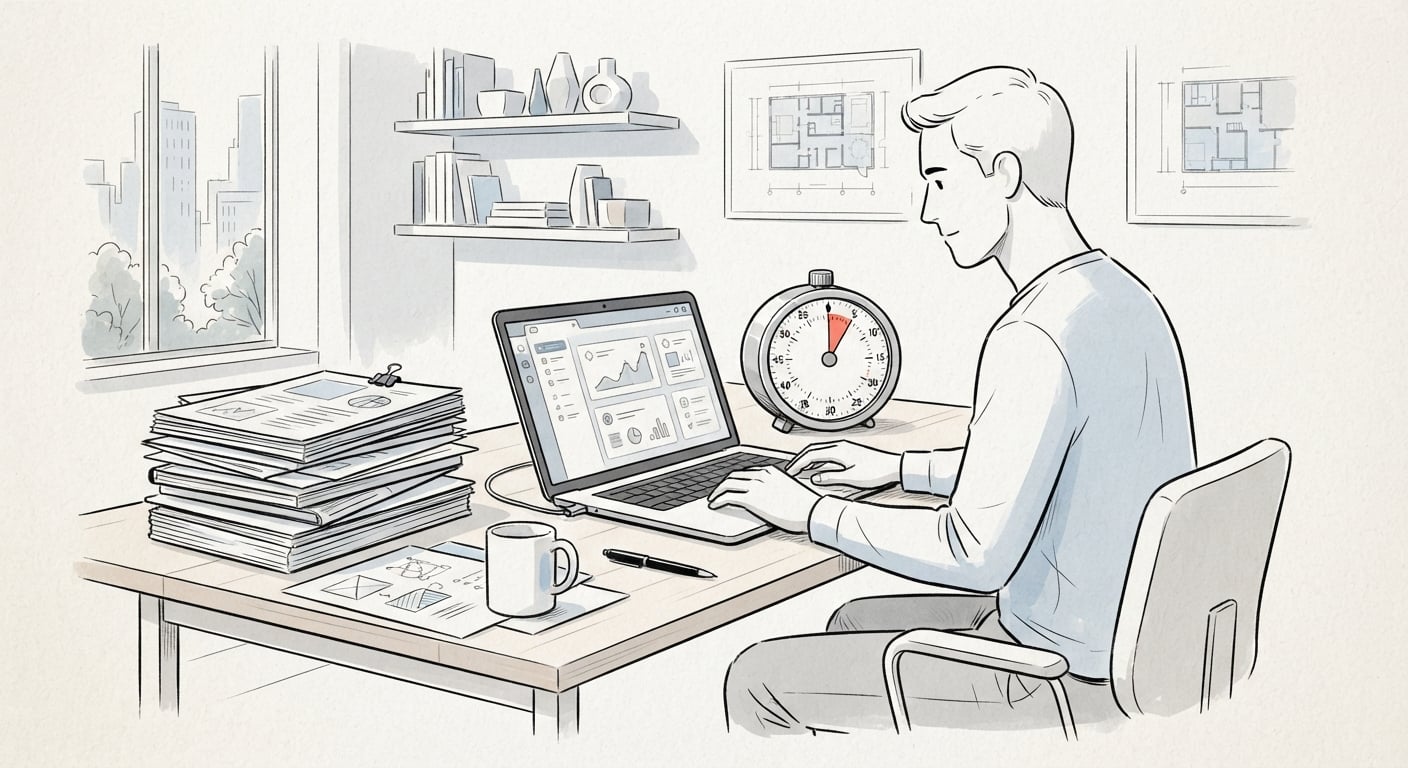 Zehn-Minuten-Timer neben einem Laptop beim Testen eines KI-Tools mit echten Arbeitsdokumenten