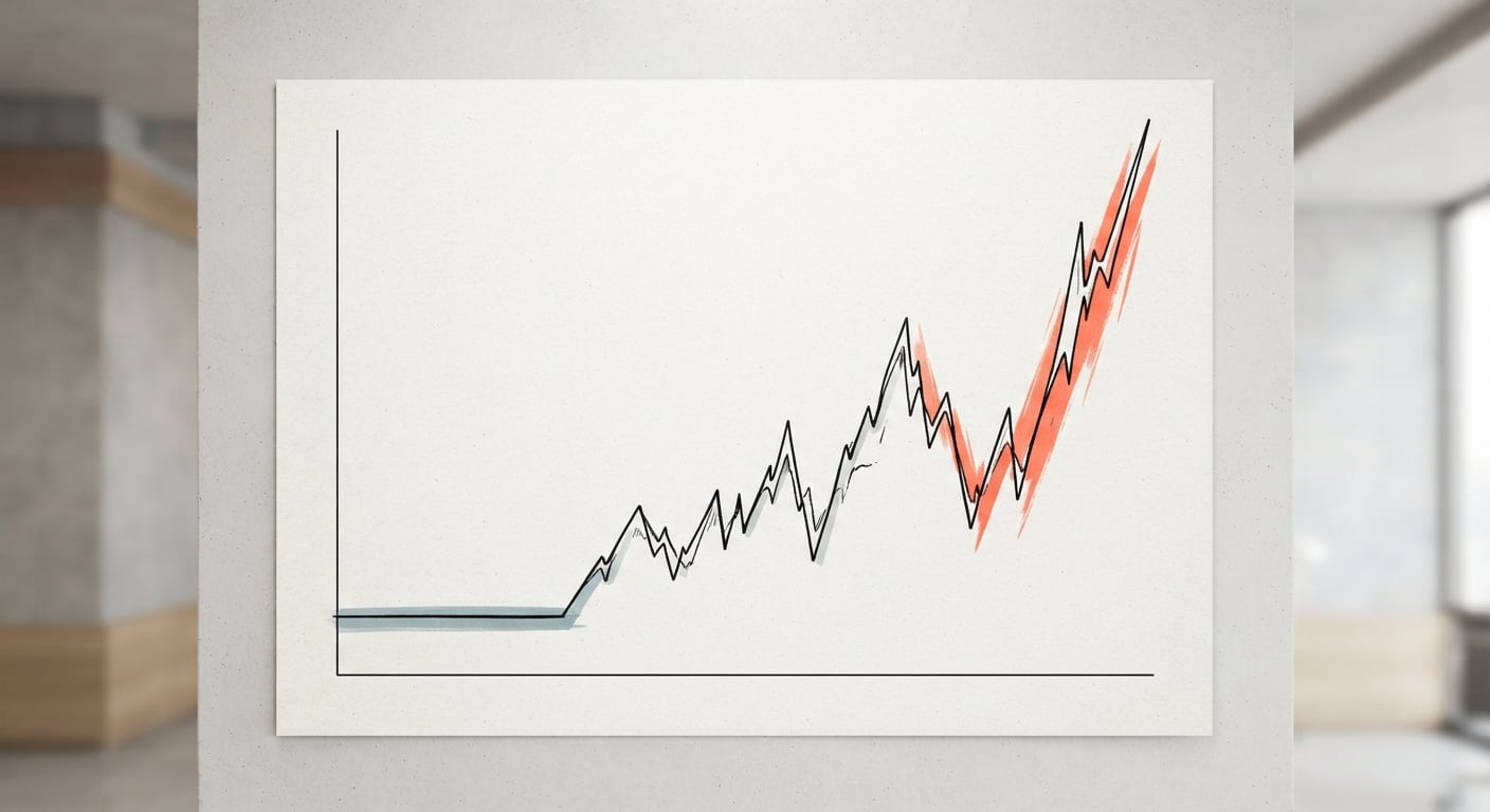 Ein Liniendiagramm, das jahrelang flach verläuft und dann fast senkrecht nach oben schießt