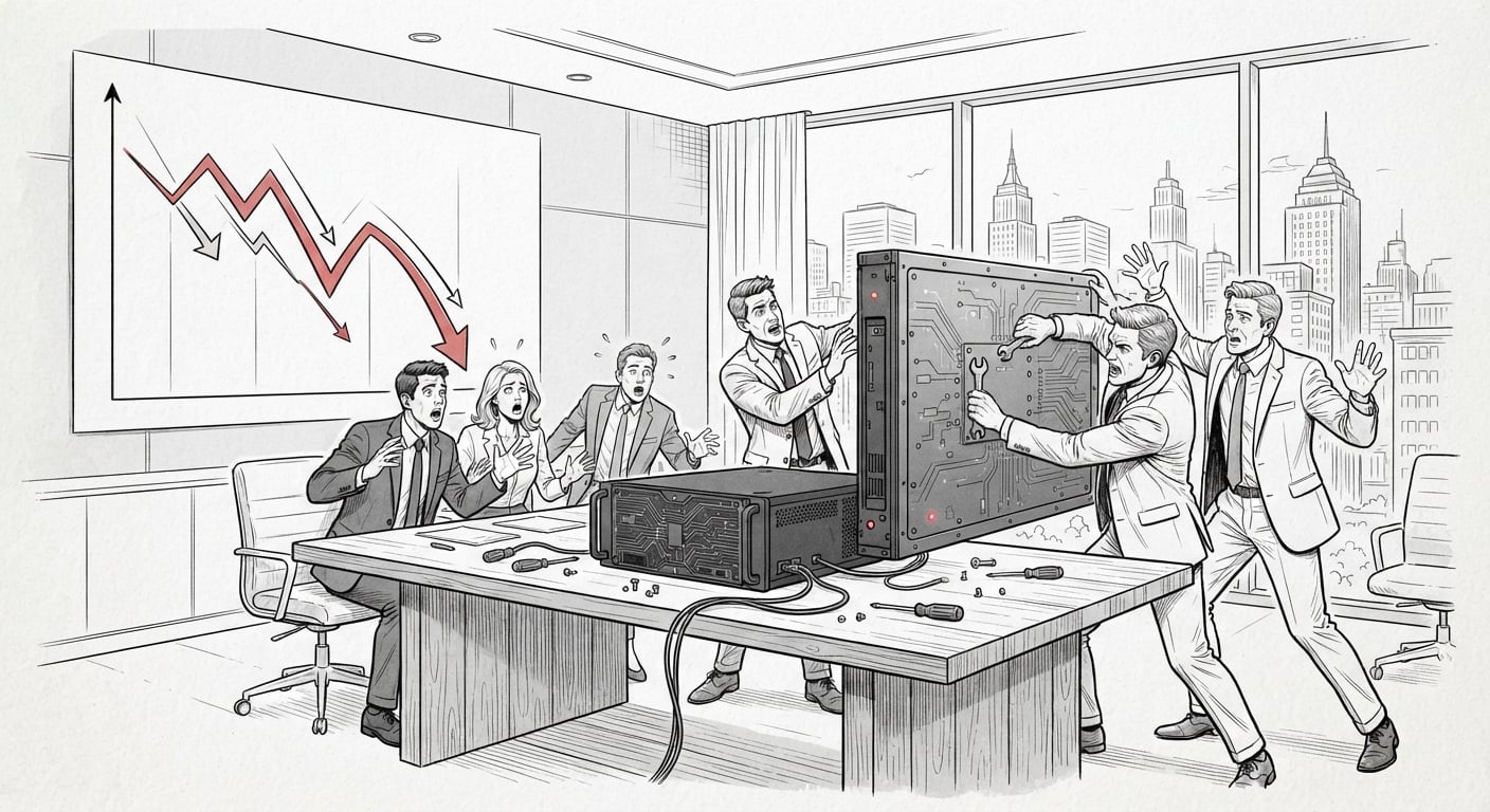 Führungskräfte schrauben ein AI-Panel an ihr Produkt, während hinter ihnen die Aktienkurve abstürzt