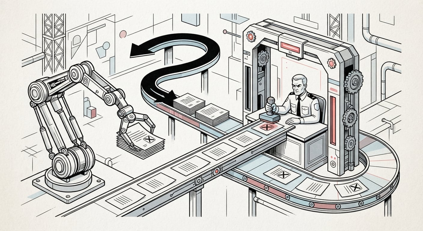 Ein strenger Prüfer weist die Arbeit eines Roboters in einer Schleife zurück, so wie der Rust-Compiler als Reviewer für KI-Code arbeitet