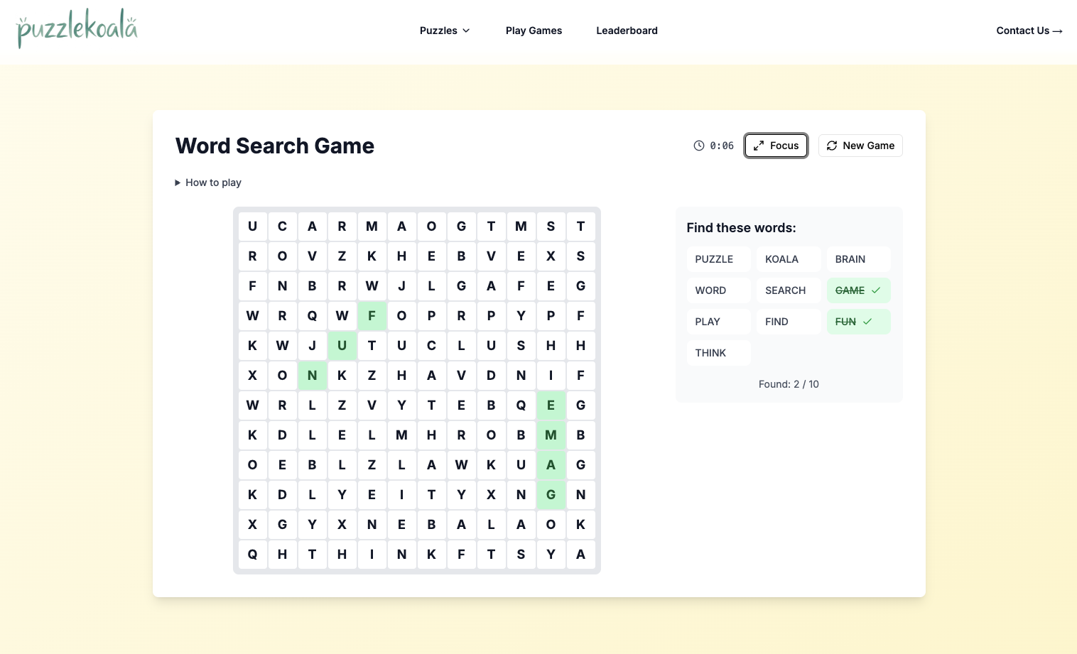 Puzzle Koala Word Search Spiel mit einem Buchstabengitter und zu findenden Wörtern