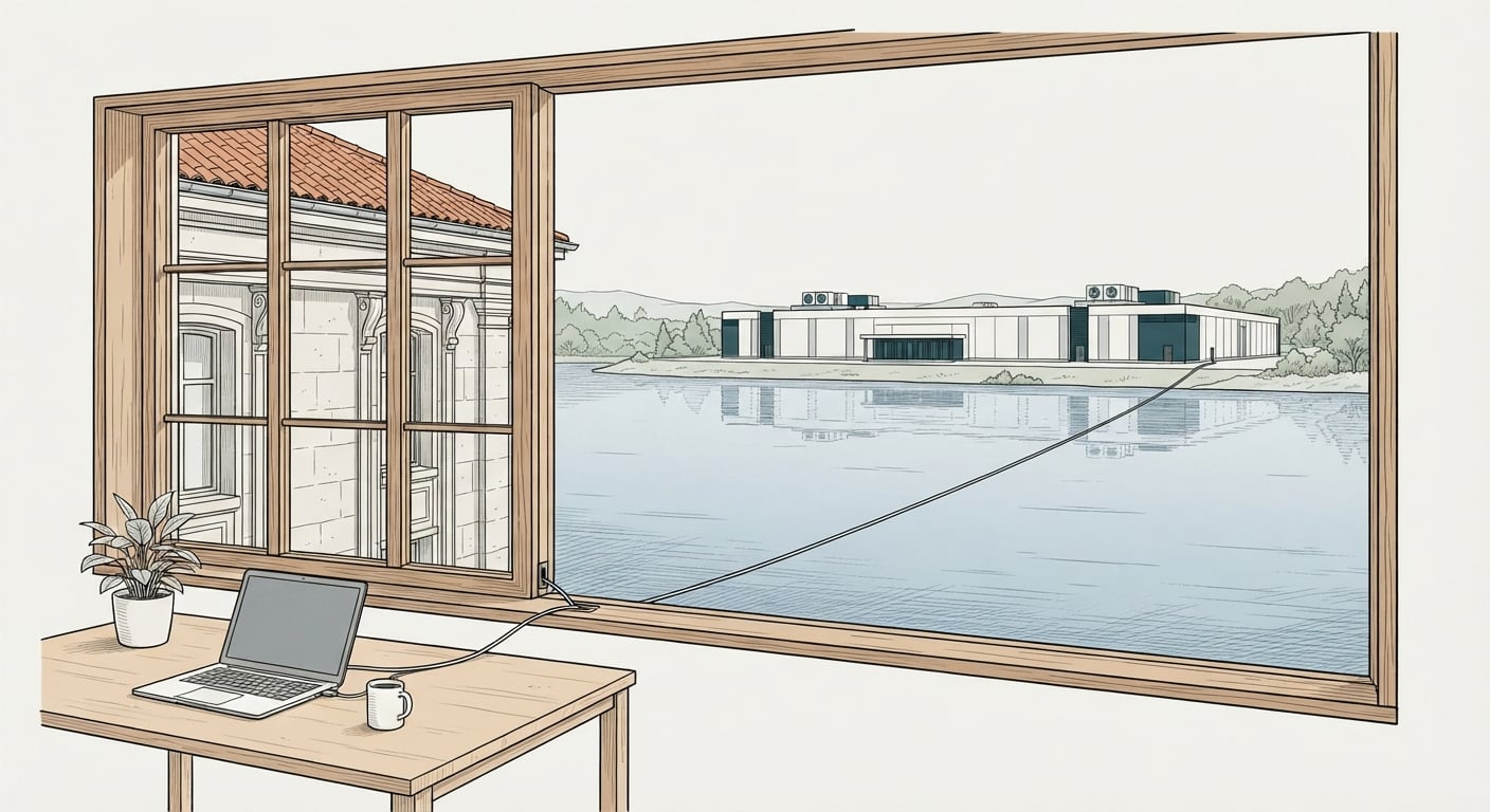 Ein Kabel von einem europäischen Schreibtisch über das Wasser zu einem US-Rechenzentrum, das DSGVO-Transferproblem