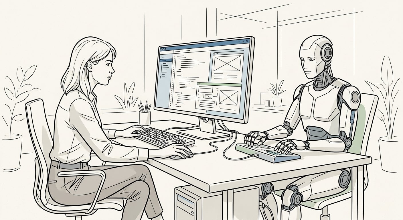 Entwickler arbeitet zusammen mit AI-Assistent und zeigt Augmentation statt Ersetzung