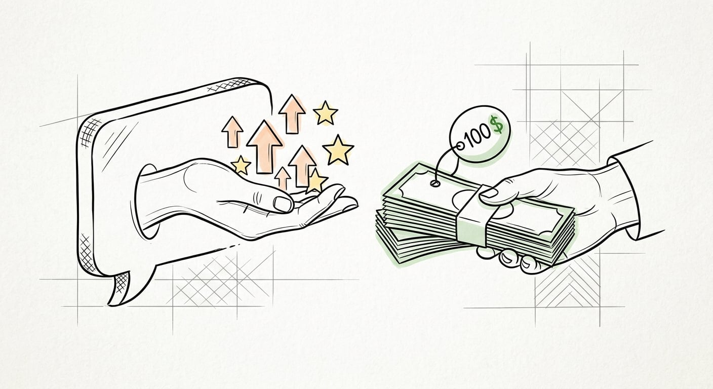 Eine Chat-Sprechblase, die Upvotes und GitHub-Stars für hundert Dollar verkauft, der bezahlte Fake-Engagement-Markt