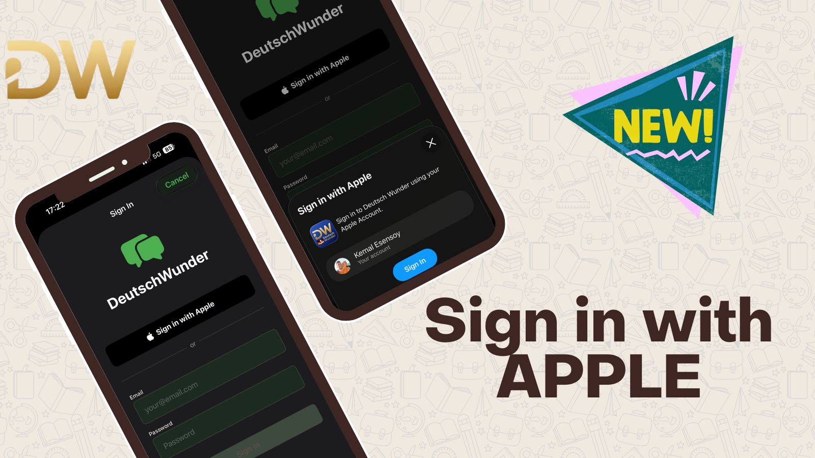 DeutschWunder App mit dem Apple Sign In Button und dem Ein-Tipp-Authentifizierungsflow
