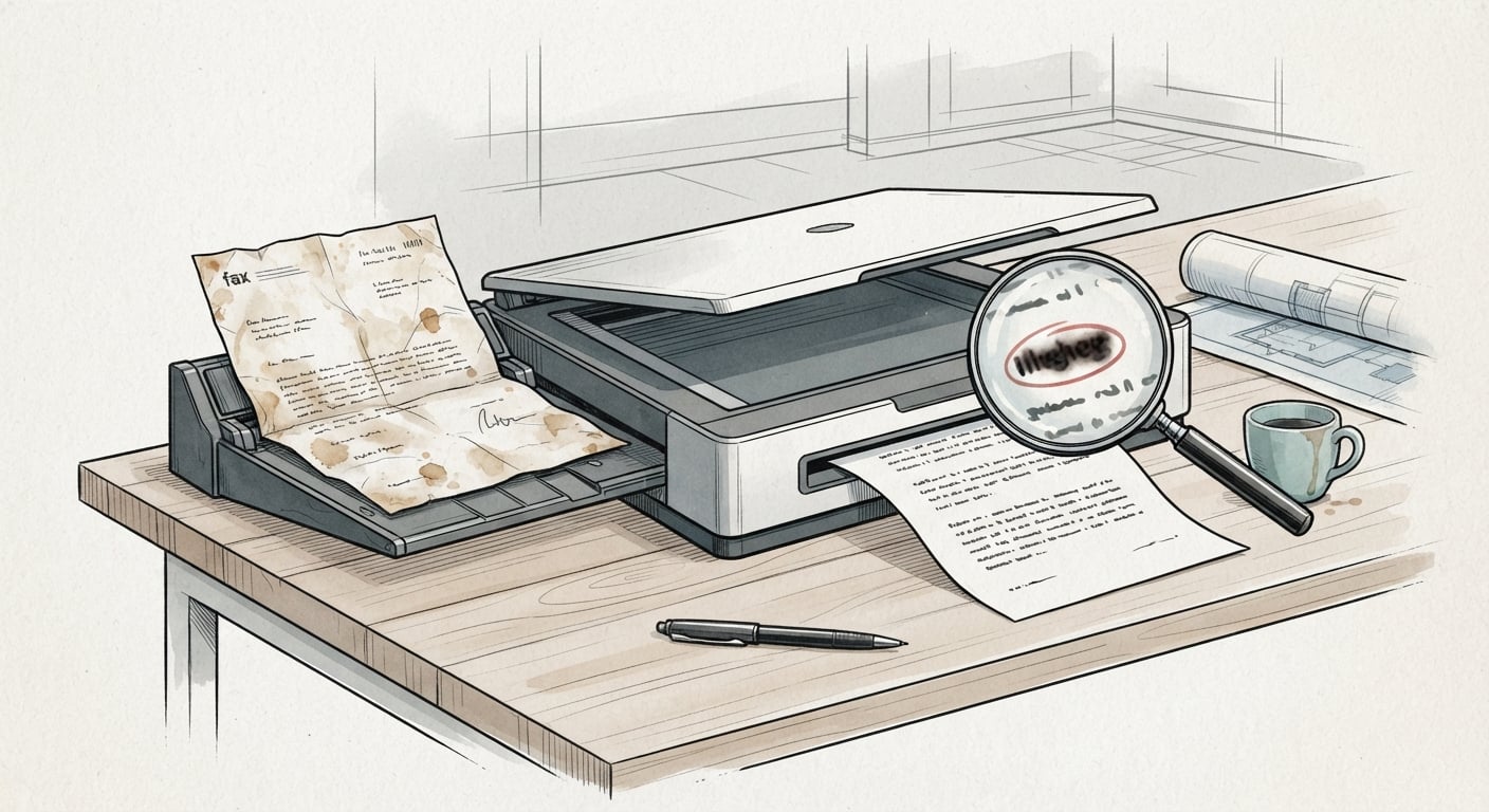 Ein Scanner verwandelt einen zerknitterten deutschen Brief in Text, ein Wort bleibt unlesbar
