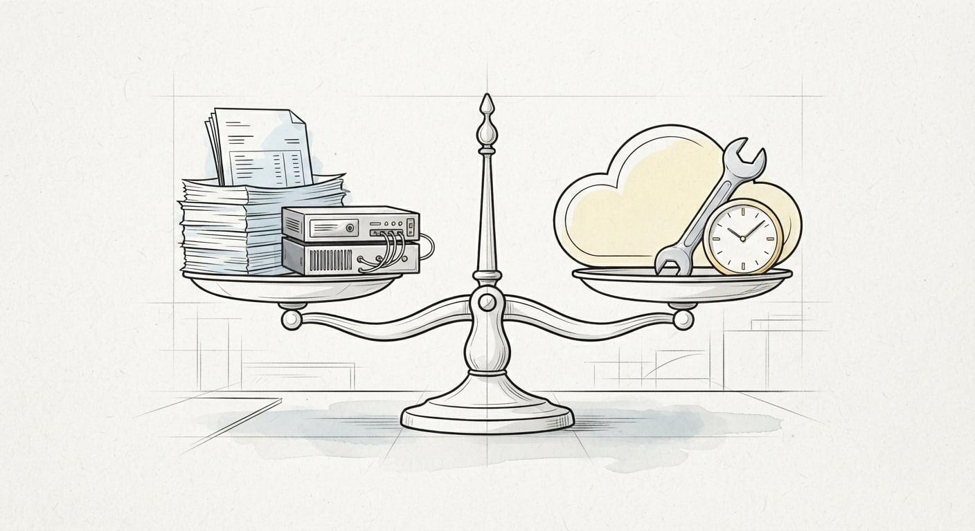 Strichzeichnung einer Waage, die monatliche Hosting-Rechnungen gegen kostenloses Static Hosting plus Entwicklerzeit abwägt