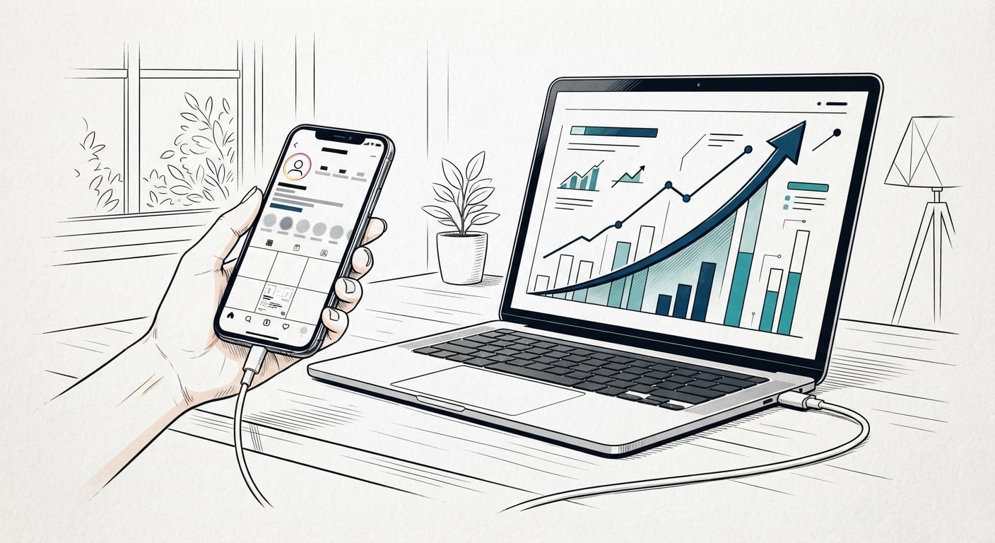 Ein Social-Media-Profil wird mit einem Search-Console-Dashboard verbunden