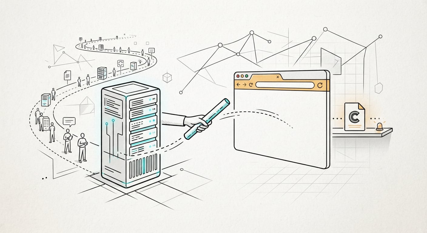 Strichzeichnung, die das Warten zwischen Datenbankserver und Browser mit einer gecachten Datei vergleicht