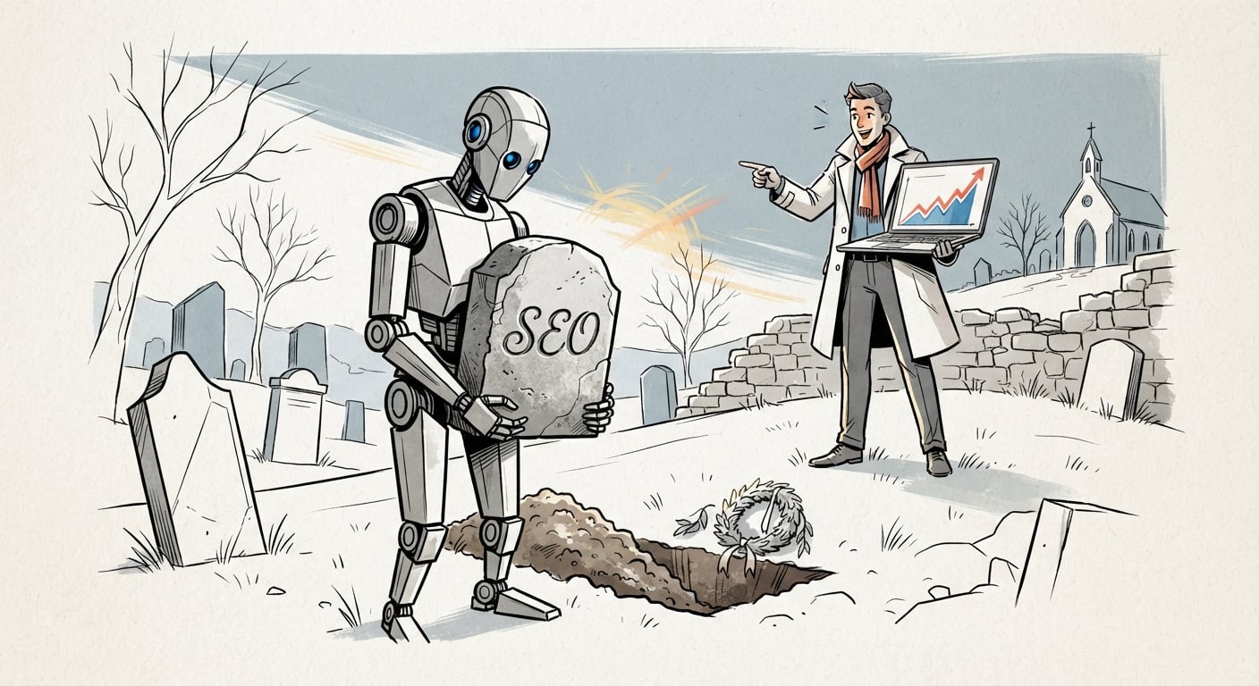 Der Mythos AI killed SEO, ein Grabstein für SEO neben Traffic-Charts, die weiter steigen