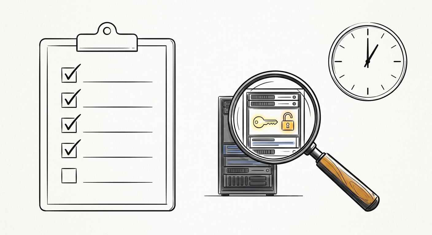 Fünf-Minuten-Security-Audit-Checkliste mit Lupe, die versteckte Schwachstellen in einem Server aufdeckt