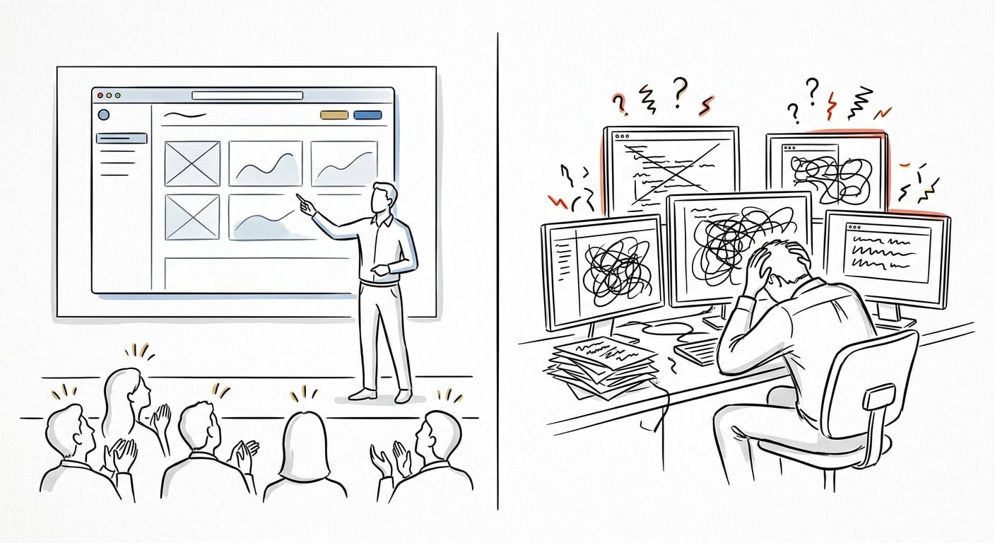 AI-Demo zeigt polierte App versus chaotische Produktionsrealität mit Fehlern und kaputtem Code