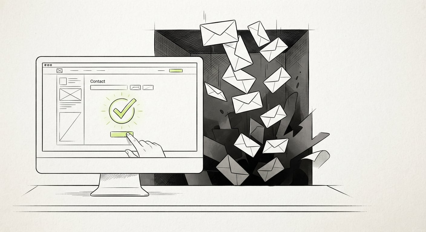 Kontaktformular zeigt eine Erfolgsmeldung, während E-Mail-Benachrichtigungen lautlos ins Leere fallen