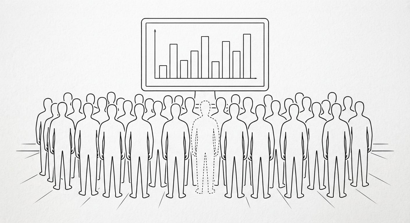 Strichzeichnung identischer Silhouetten vor einem Analytics-Dashboard, eine mit gepunkteter Kontur