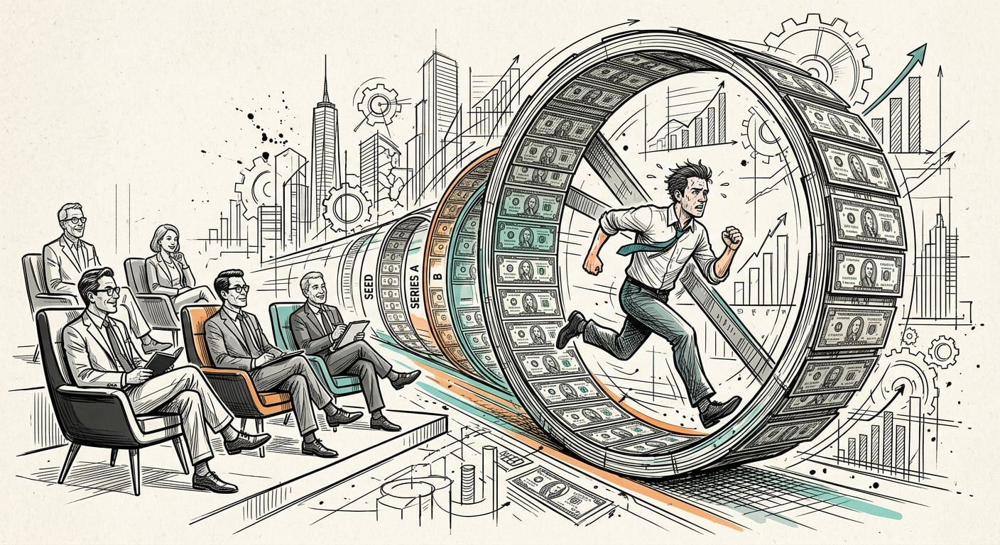 Startup-Gründer auf einem Hamsterrad aus Venture-Capital-Finanzierungsrunden, während Investoren zuschauen