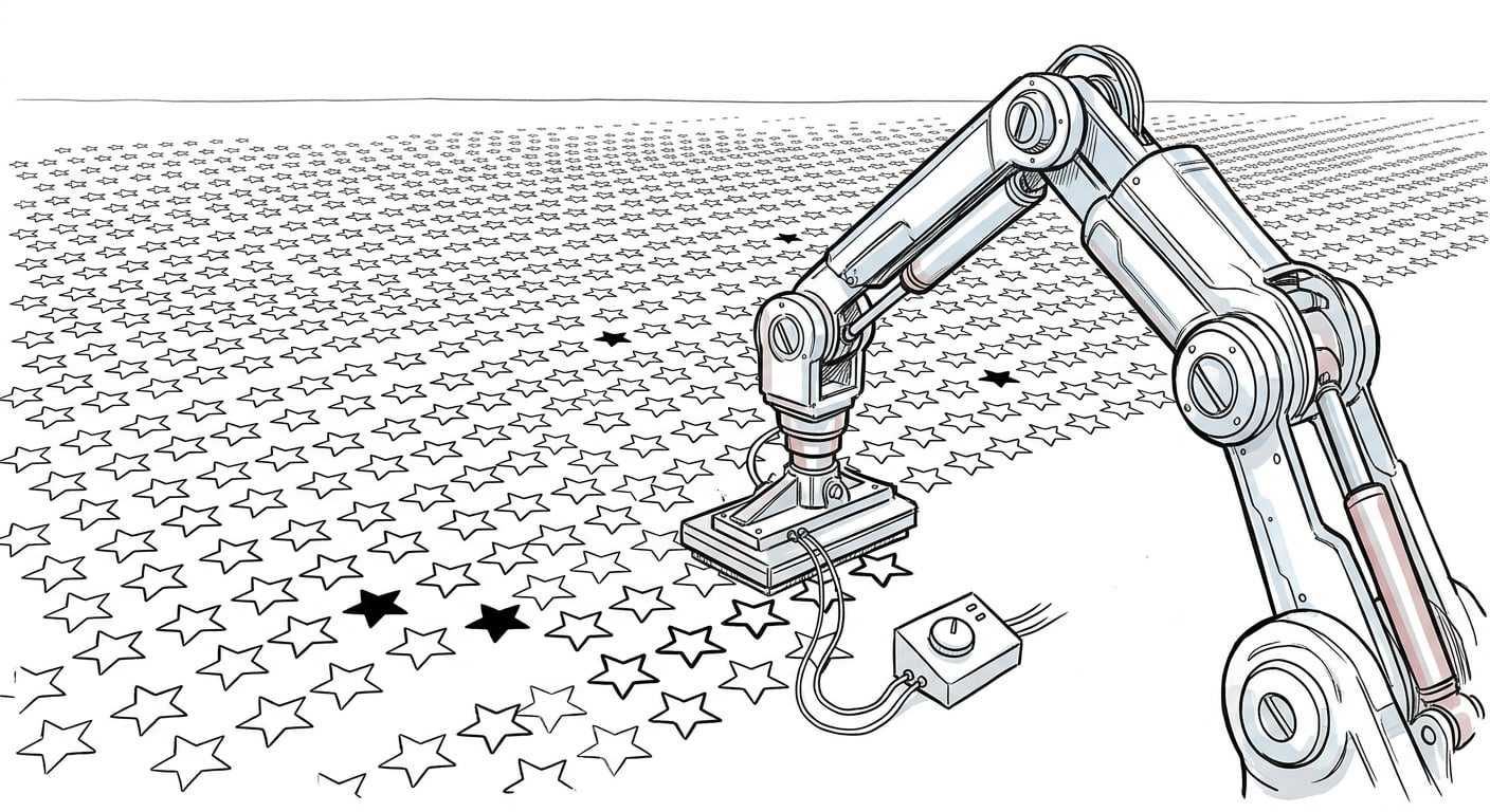 Ein Feld aus überwiegend hohlen Stern-Icons, die am Fließband produziert werden, zeigt Millionen gefälschter GitHub-Stars im Internet