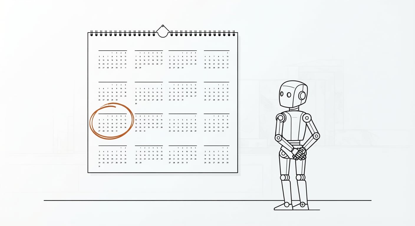 Strichzeichnung eines Roboters, der neben einem Kalender mit eingekreistem künftigem Monat wartet