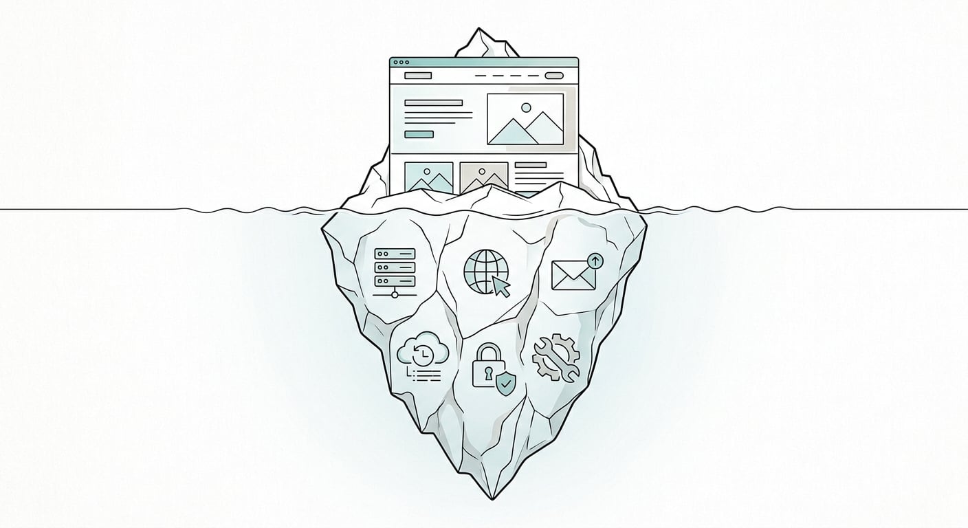 Ein Eisberg zeigt die Website über Wasser und die ganze versteckte Arbeit darunter, alles was die 10-Minuten-Demo überspringt